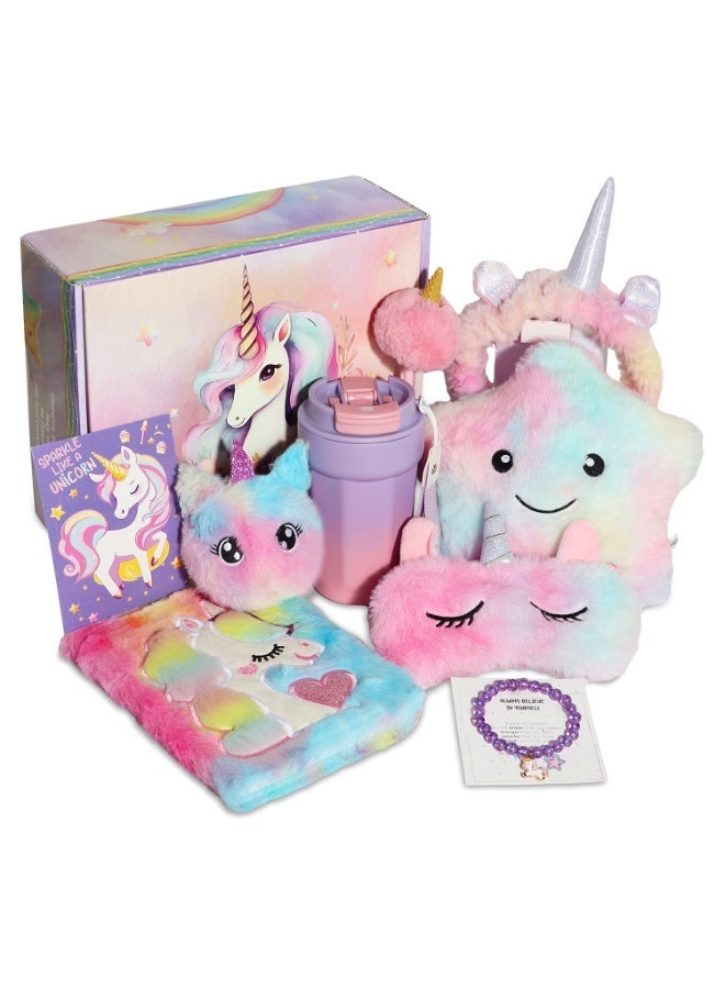 LBMT هدايا يونيكورن للفتيات من سن 5 إلى 12 عامًا،مجموعة ألعاب أطفال جميلة للفتيات هدايا أعياد الميلاد/الحفلات،صندوق هدايا يونيكورن يتضمن وسادة نجمة ناعمة من القطيفة،دفتر يوميات،عصابة رأس،سوار، زجاجة مياه من الفولاذ المقاوم للصدأ، محفظة، قلم، قناع عين النوم، ألعاب يونيكورن مثالية للابنة وابنة الأخت - Image 1